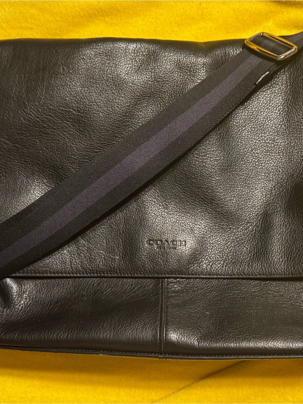 Coach Black Leather Messenger Bag with Striped Web Strap-GUC